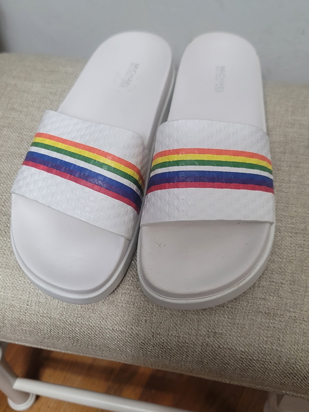 Michael Kors White Slide Sandals with Rainbow Stripes
